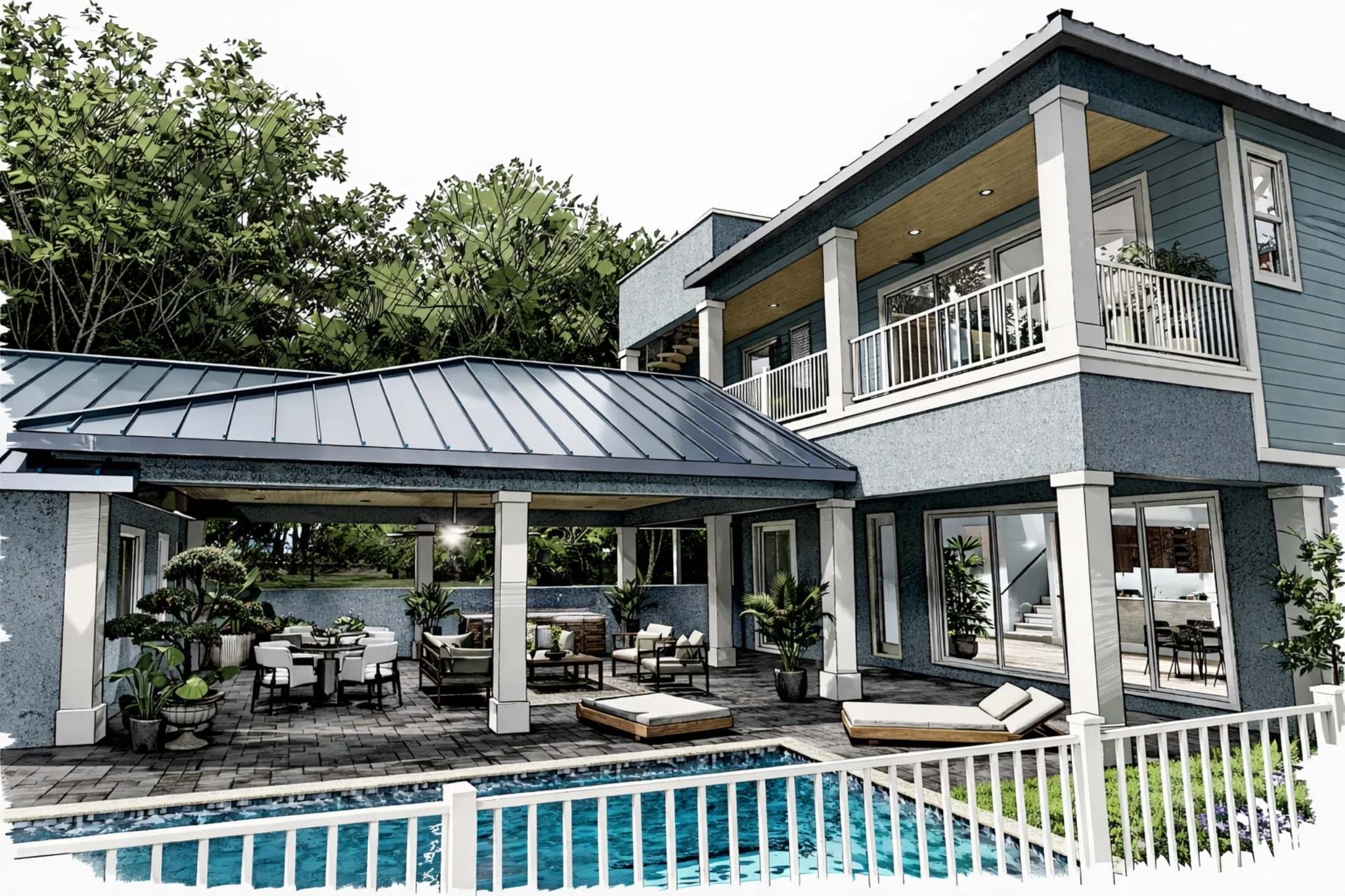 Sketch-style rendering of a courtyard breezeway with pool, covered patio seating, and modern coastal architecture