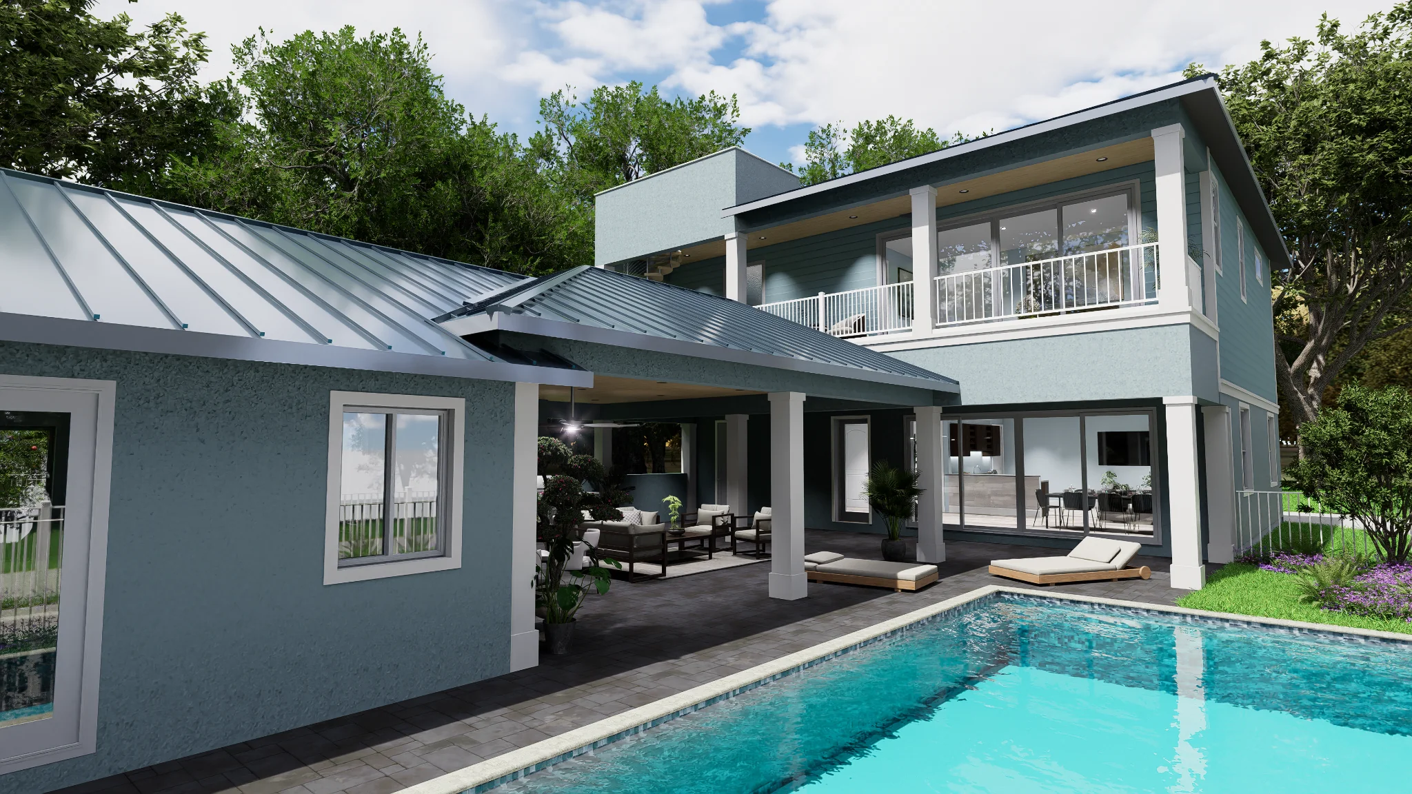 Courtyard pool design with covered patio lounge, outdoor seating, and landscaped privacy