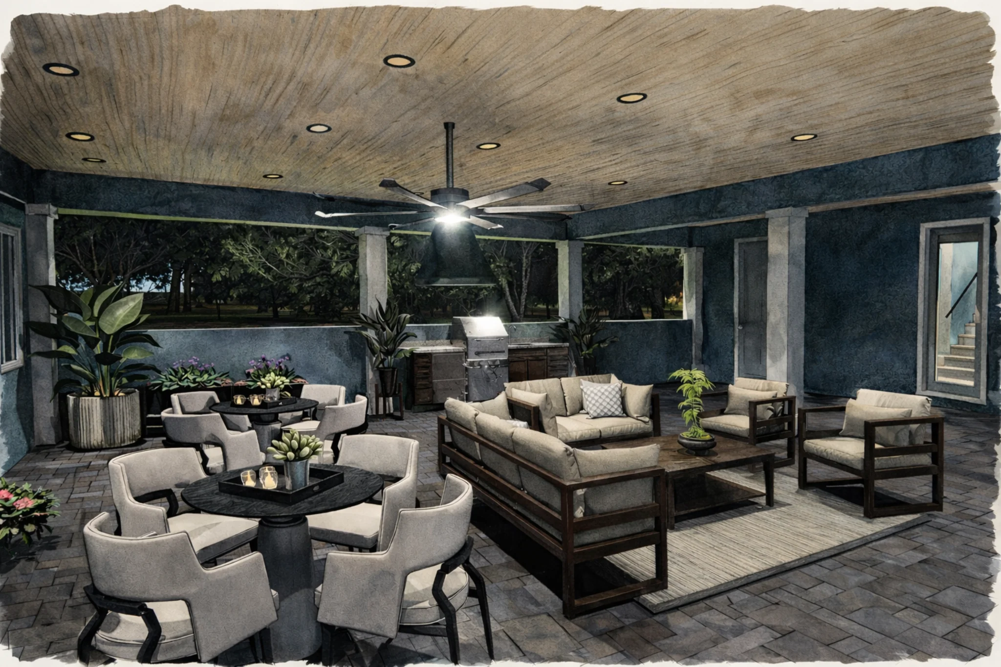 Sketch-style rendering of a covered outdoor living patio with seating area, dining table, ceiling fan, and outdoor kitchen