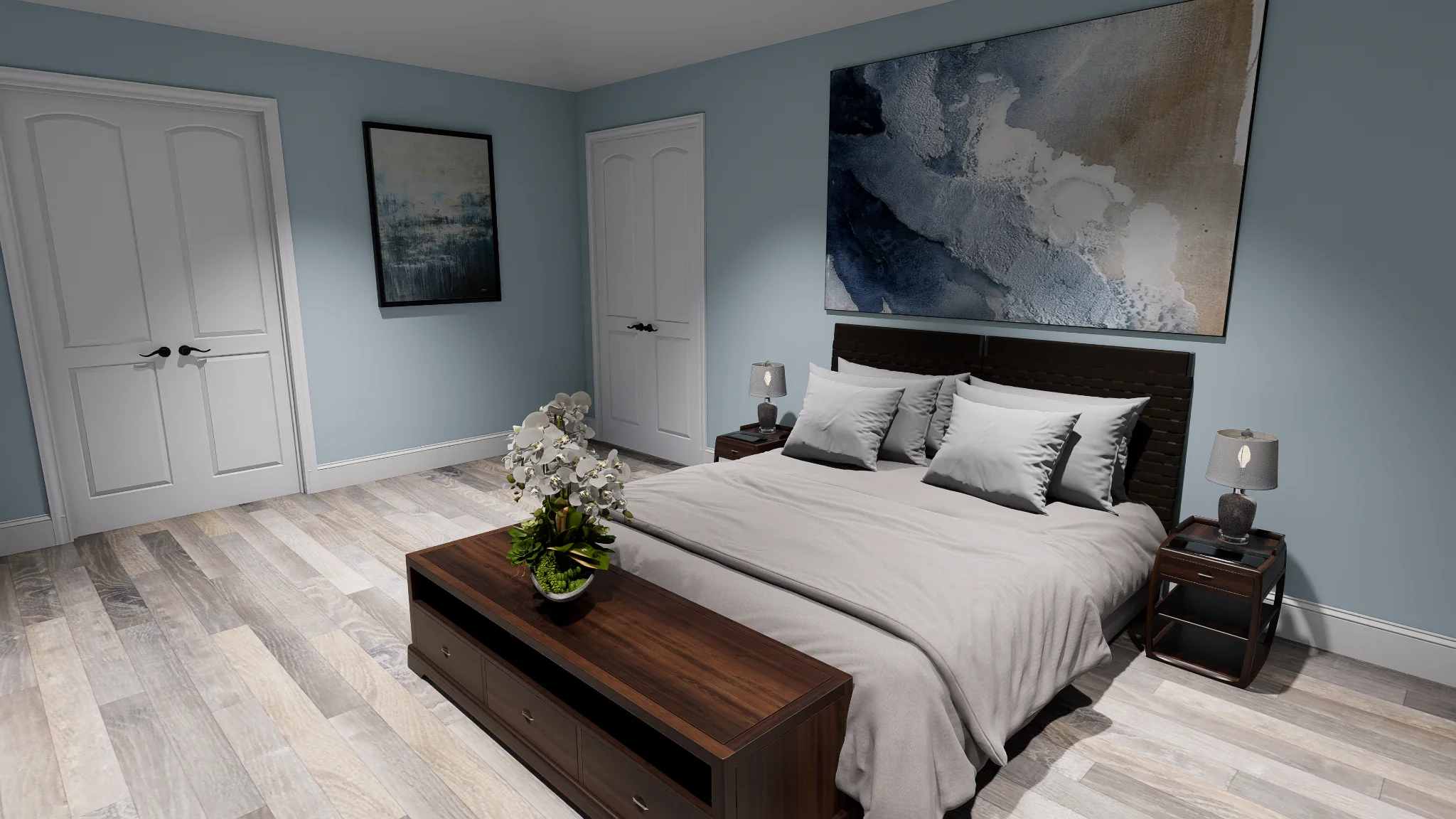 Modern master bedroom design with accent wall art, neutral bedding, and contemporary nightstands