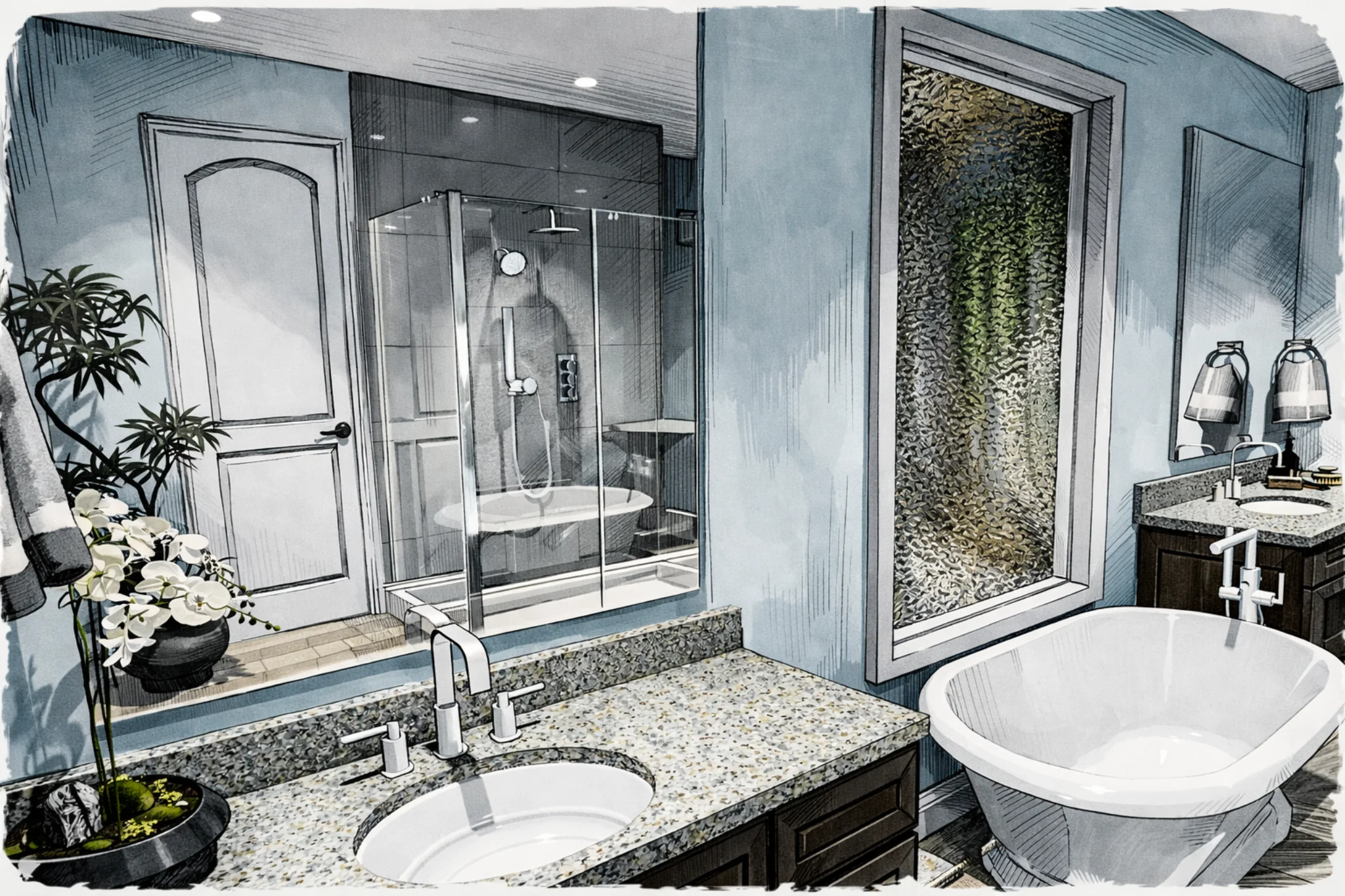 Sketch-style rendering of a modern bathroom with freestanding tub, glass shower, double vanity, and large window