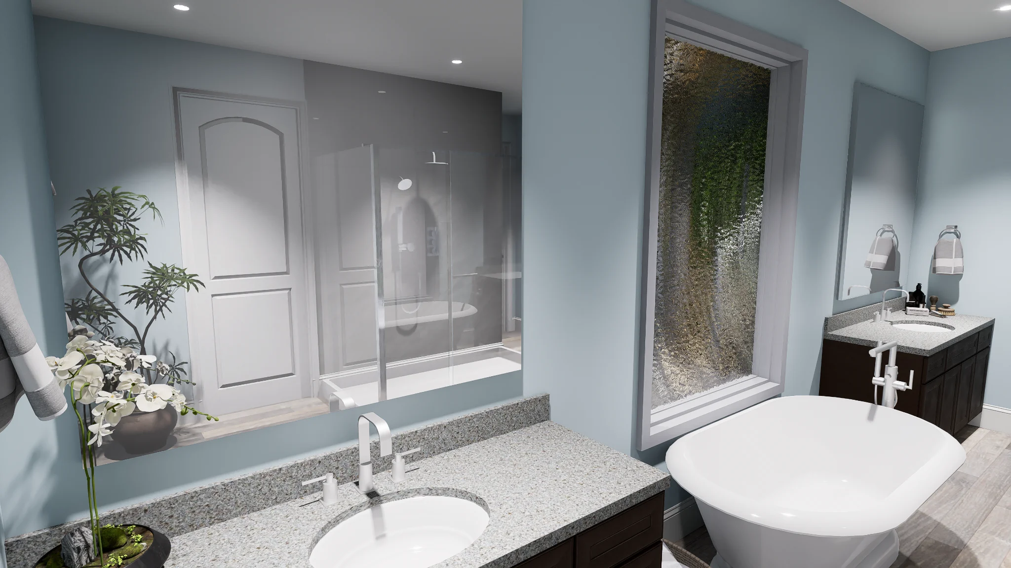 Modern bathroom design with freestanding tub, glass shower, double vanity, and large window